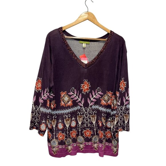 NWT Sigrid Olsen Floral Print V-Neck Top Purple Multi Women's 2X - Picture 1 of 10